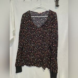 Juicy Couture Black Multicolor Floral Long Sleeve V-Neck Top Size XL Blouse EUC